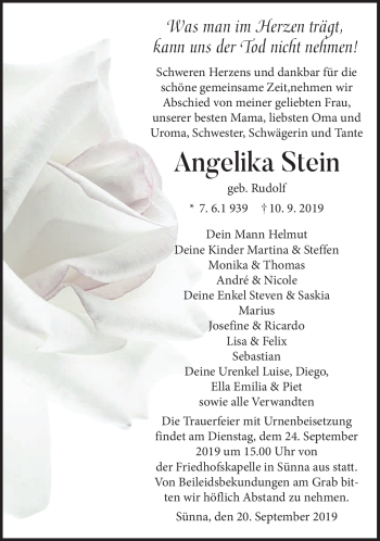 Traueranzeige von Angelika Stein von Südthüringer Presse