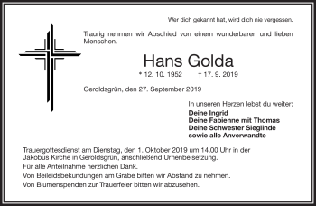 Traueranzeige von Hans Golda von Frankenpost