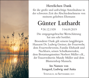 Traueranzeige von Günter Luthardt von Südthüringer Presse