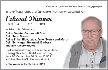 Traueranzeige von Erhard Dänner von Südthüringer Presse