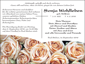 Traueranzeige von Sonja Wohlleben von Frankenpost