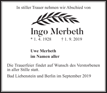 Traueranzeige von Ingo Merbeth von Südthüringer Presse