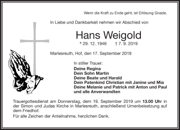 Traueranzeige von Hans Weigold von Frankenpost