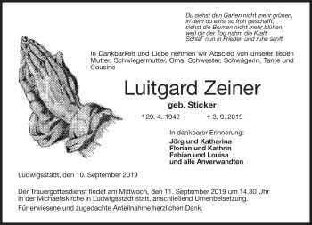 Traueranzeige von Luitgard Zeiner von Neue Presse Coburg
