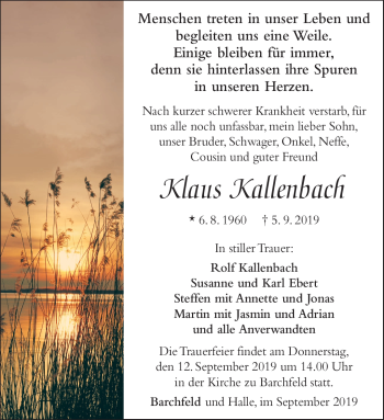 Traueranzeige von Klaus Kallenbach von Südthüringer Presse