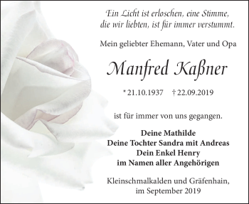 Traueranzeige von Manfred Kaßner von Südthüringer Presse