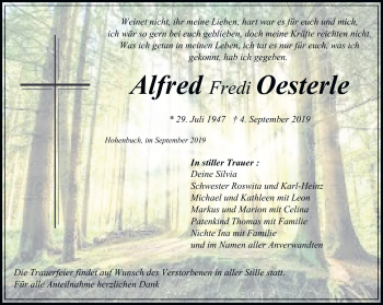 Traueranzeige von Alfred Oesterle von Frankenpost