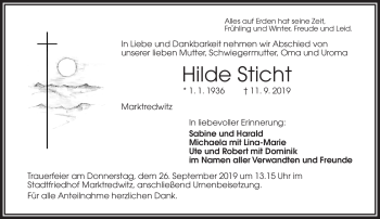 Traueranzeige von Hilde Sticht von Frankenpost