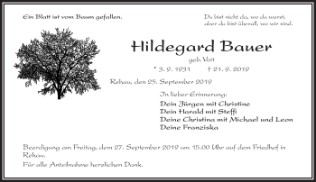 Traueranzeige von Hildegard Bauer von Frankenpost