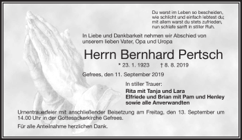 Traueranzeige von Bernhard Pertsch von Frankenpost