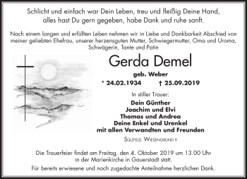 Traueranzeige von Gerda Demel von Neue Presse Coburg