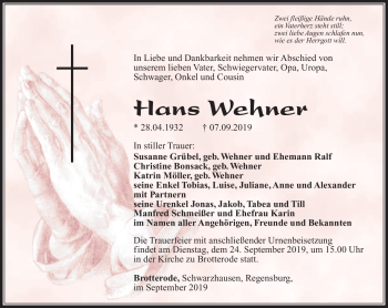 Traueranzeige von Hans Wehner von Südthüringer Presse