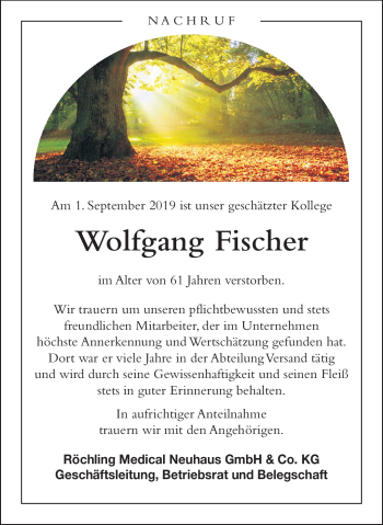 Traueranzeige von Wolfgang Fischer von Südthüringer Presse