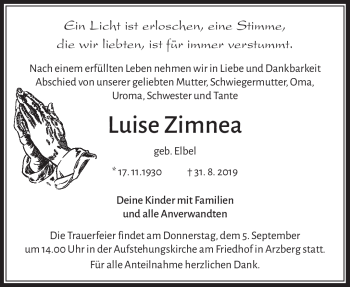 Traueranzeige von Luise Zimnea von Frankenpost