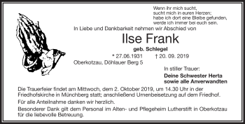 Traueranzeige von Ilse Frank von Frankenpost