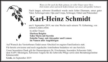 Traueranzeige von Karl-Heinz Schmidt von Südthüringer Presse