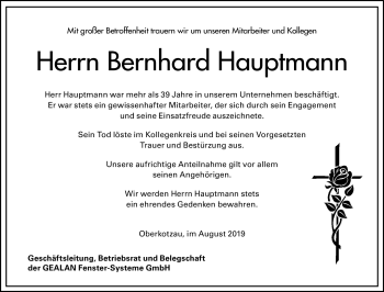Traueranzeige von Bernhard Hauptmann von Frankenpost