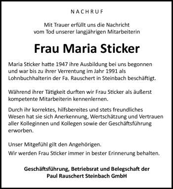 Traueranzeige von Maria Sticker von Neue Presse Coburg