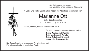 Traueranzeige von Marianne Ott von Frankenpost