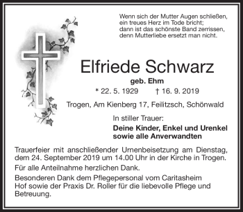 Traueranzeige von Elfriede Schwarz von Frankenpost