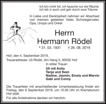 Traueranzeige von Hermann Rödel von Frankenpost