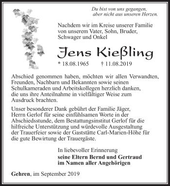 Traueranzeige von Jens Kießling von Südthüringer Presse