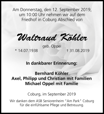 Traueranzeige von Waltraud Köhler von Neue Presse Coburg