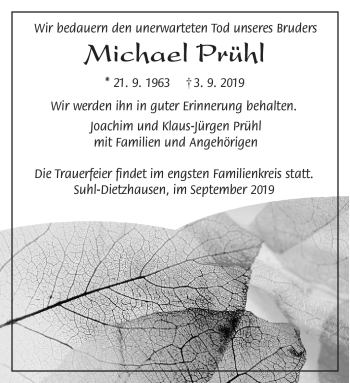 Traueranzeige von Michael Prühl von Südthüringer Presse