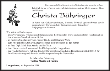 Traueranzeige von Christa Bähring von Südthüringer Presse