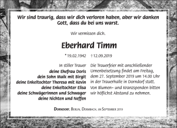 Traueranzeige von Eberhard Timm von Südthüringer Presse