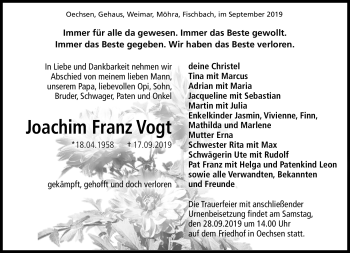 Traueranzeige von Joachim Vogt von Südthüringer Presse