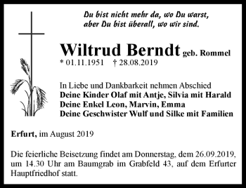 Traueranzeige von Wiltrud Berndt von Südthüringer Presse