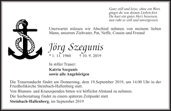 Traueranzeige von Jörg Szegunis von Südthüringer Presse