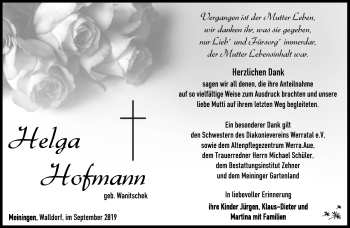 Traueranzeige von Helga Hofmann von Südthüringer Presse