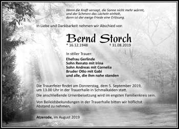 Traueranzeige von Bernd Storch von Südthüringer Presse