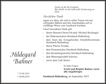 Traueranzeige von Hildegard Bahner von Südthüringer Presse