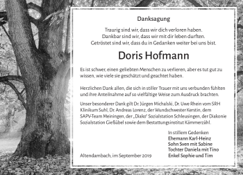 Traueranzeige von Doris Hofmann von Südthüringer Presse