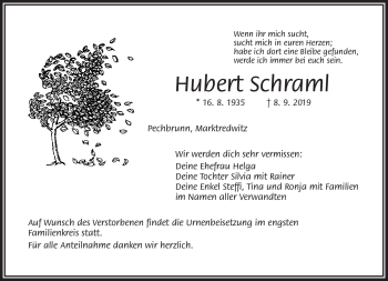 Traueranzeige von Hubert Schraml von Frankenpost