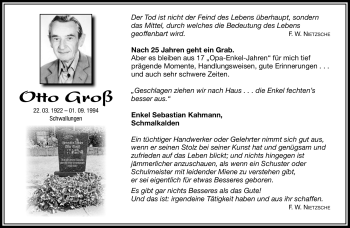 Traueranzeige von Otto Groß von Südthüringer Presse
