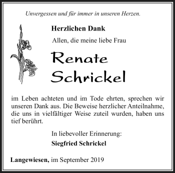 Traueranzeige von Renate Schrickel von Südthüringer Presse