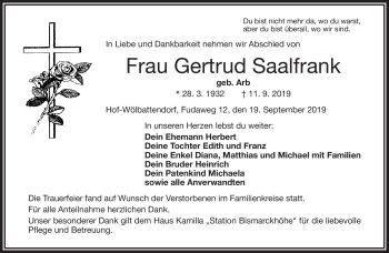 Traueranzeige von Gerrud Saalfrank von Frankenpost