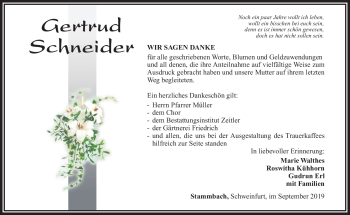 Traueranzeige von Gertrud Schneider von Frankenpost