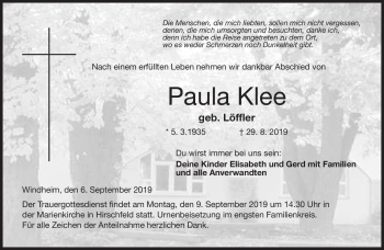 Traueranzeige von Paula Klee von Neue Presse Coburg