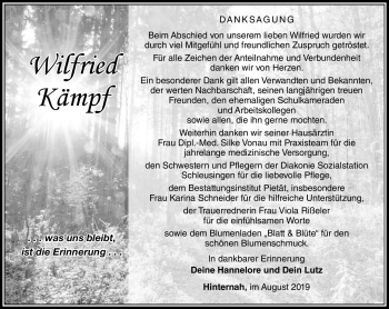 Traueranzeige von Wilfried Kämpf von Südthüringer Presse