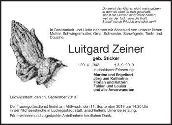Traueranzeige von Luitgard Zeiner von Neue Presse Coburg