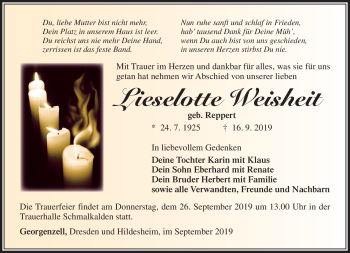 Traueranzeige von Lieselotte Weisheite von Südthüringer Presse
