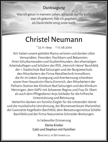 Traueranzeige von Christel Neumann von Südthüringer Presse