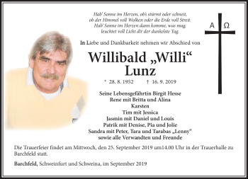 Traueranzeige von Willibald Lunz von Südthüringer Presse