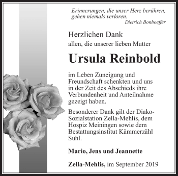 Traueranzeige von Ursula Reinhold von Südthüringer Presse