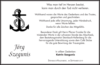 Traueranzeige von Jörg Szegunis von Südthüringer Presse
